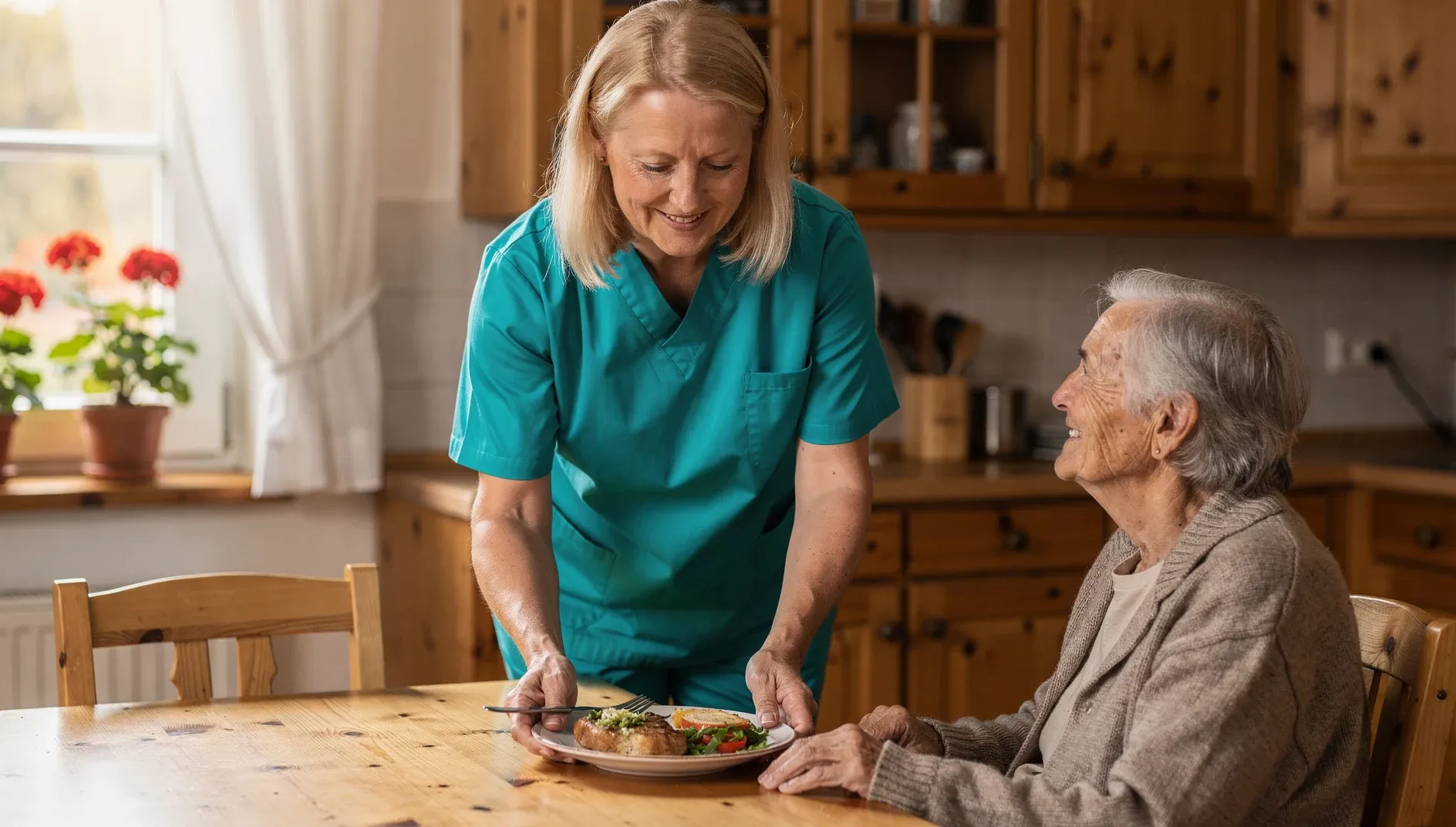 Hauswirtschafterin der Hansepflege-Ambulant serviert frisch gekochtes Mittagessen am Esstisch eines älteren Klienten in einer ländlichen Vorpommerschen Küche