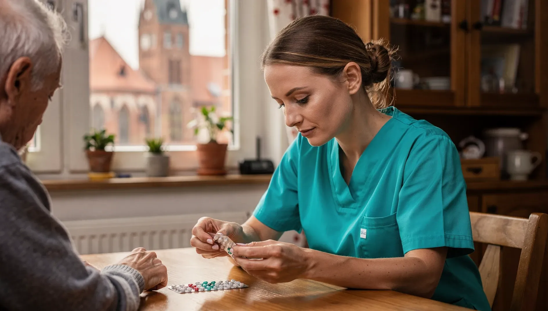 Pflegefachkraft der Hansepflege-Ambulant prüft die Medikation bei einem älteren Klienten in Stralsund mit Blick auf die historische Altstadt