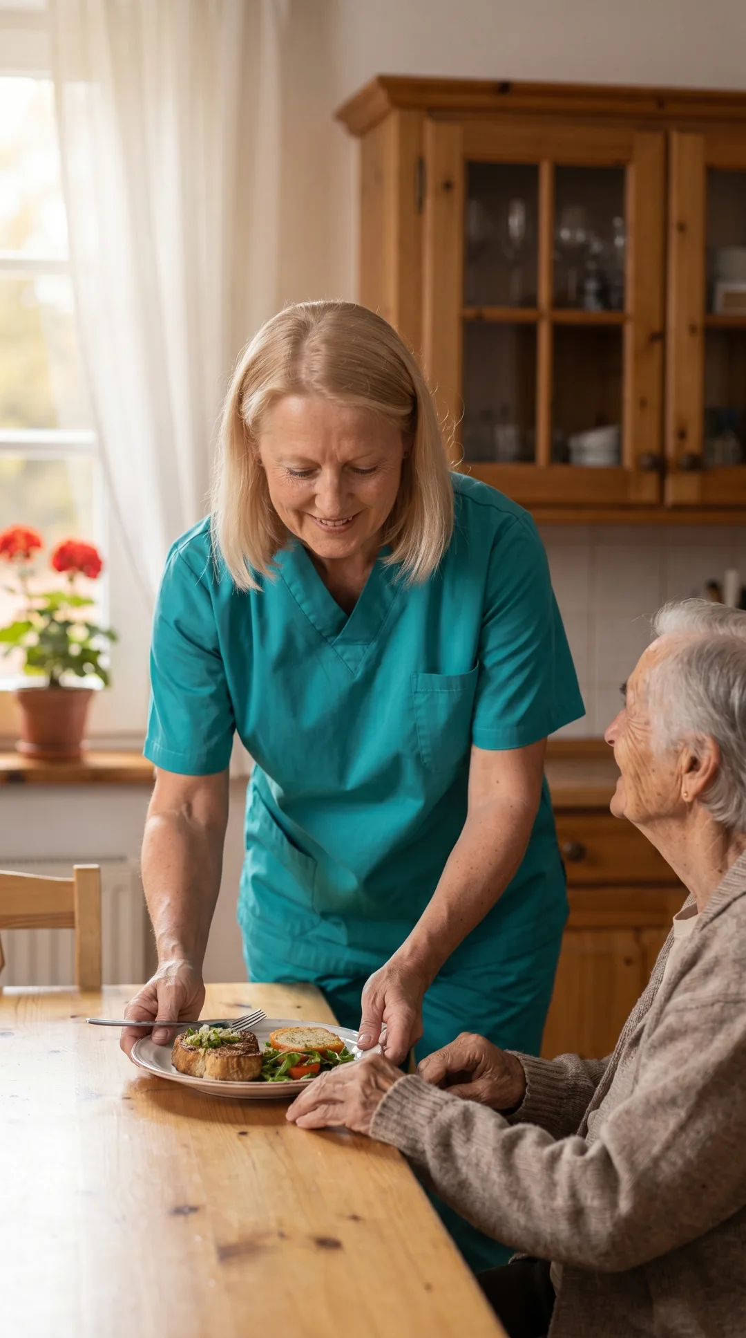 Hauswirtschafterin der Hansepflege-Ambulant serviert frisch gekochtes Mittagessen am Esstisch eines älteren Klienten in einer ländlichen Vorpommerschen Küche