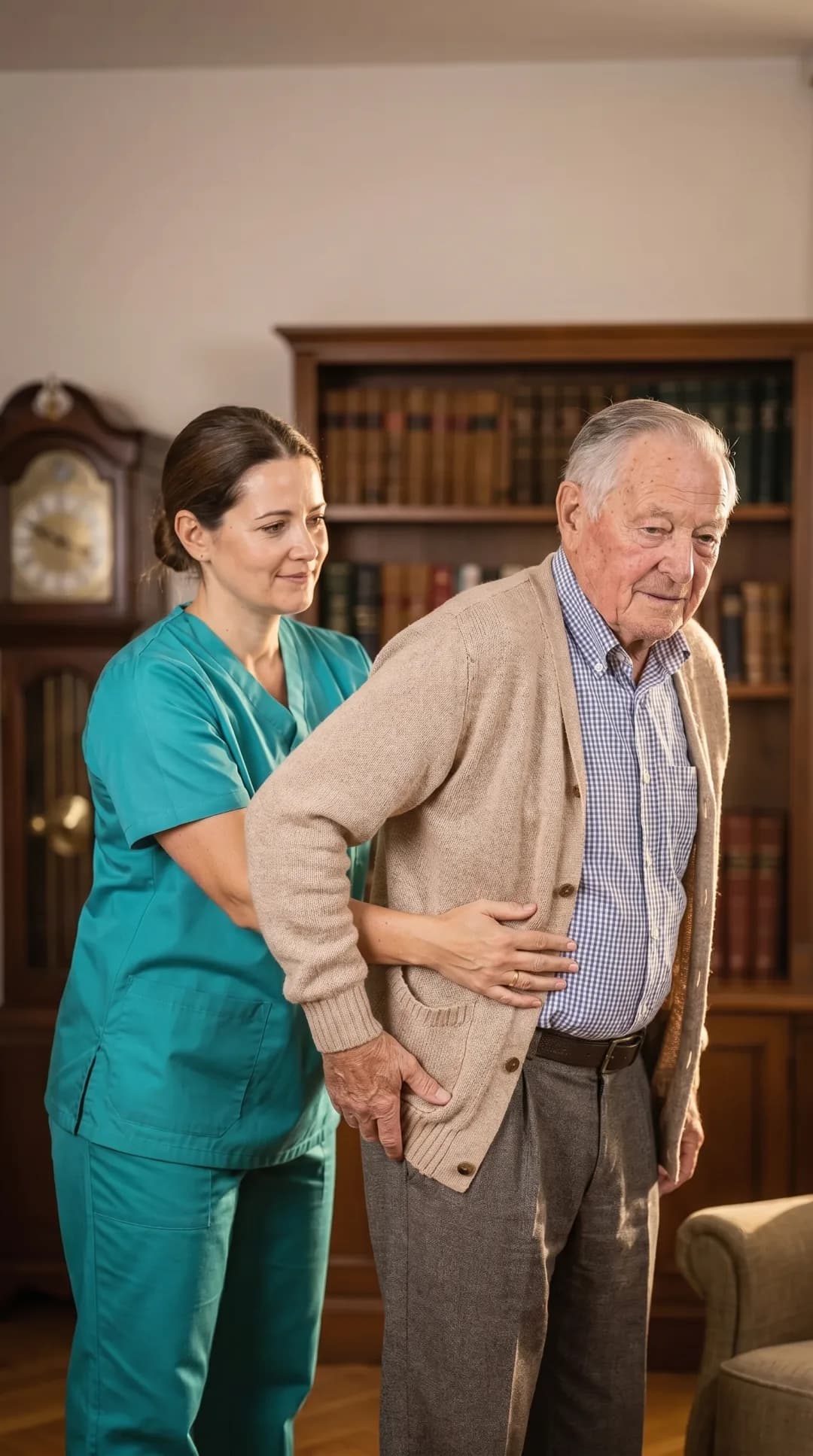 Pflegehelferin der Hansepflege-Ambulant unterstützt einen älteren Herrn in Privatkleidung behutsam beim Aufstehen im Wohnzimmer in Grimmen