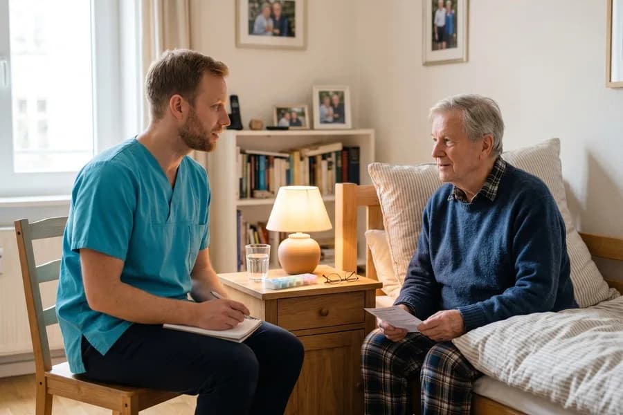 Pflegekraft versorgt Patient nach Krankenhausentlassung in Grimmen