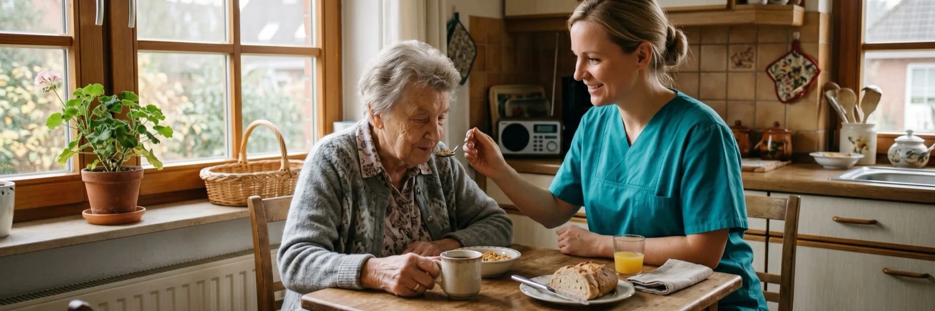 Pflegekraft der Hansepflege-Ambulant unterstützt eine Seniorin beim Frühstück zuhause
