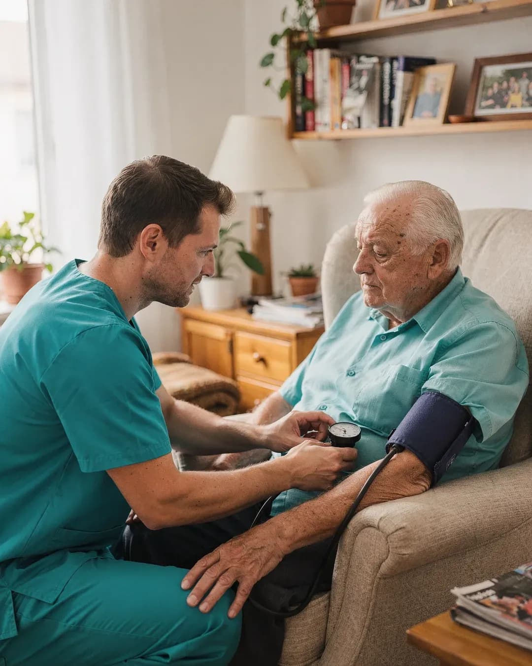 Eine Pflegefachkraft der Hansepflege-Ambulant misst einem aelteren Mann zuhause den Blutdruck