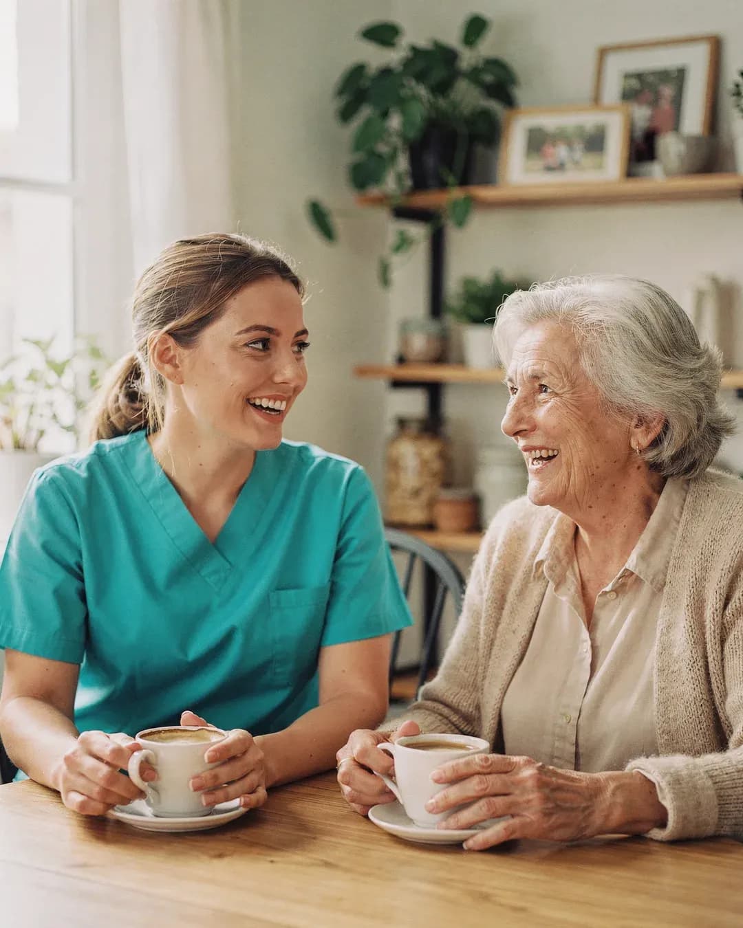 Eine Betreuungskraft der Hansepflege-Ambulant trinkt mit einer aelteren Dame Kaffee und unterhaelt sich freundlich