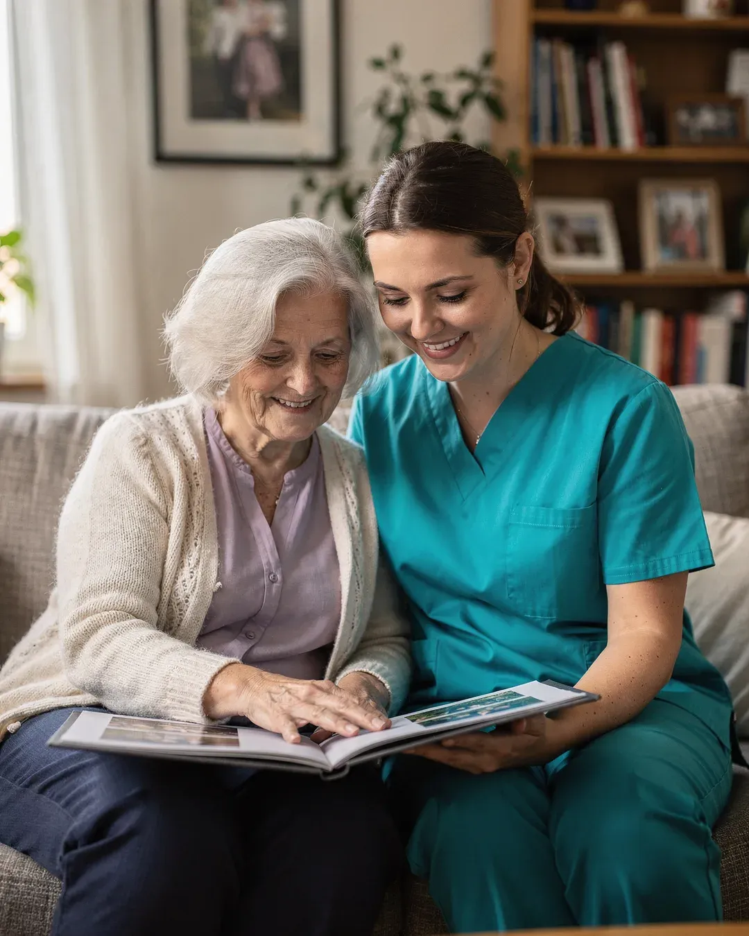 Eine Betreuungskraft der Hansepflege-Ambulant schaut mit einer aelteren Dame auf dem Sofa gemeinsam ein Fotoalbum an