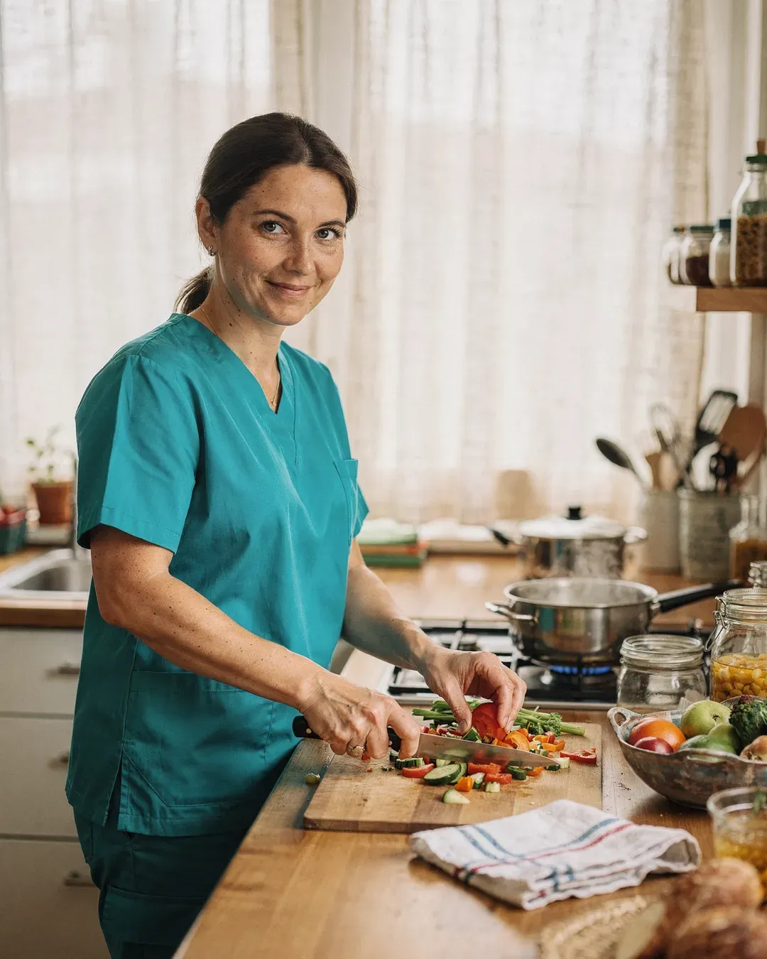 Eine Hauswirtschaftskraft der Hansepflege-Ambulant bereitet in einer hellen Kueche eine frische Mahlzeit zu
