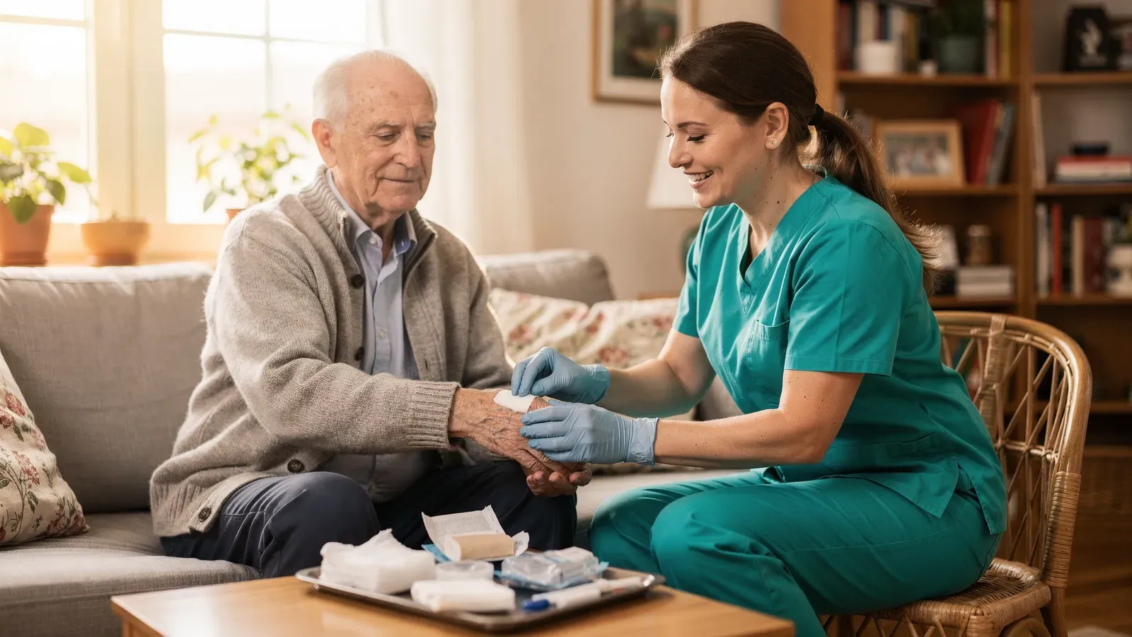 Pflegekraft versorgt mit Handschuhen sorgfaeltig eine Wunde am Arm eines aelteren Mannes zuhause