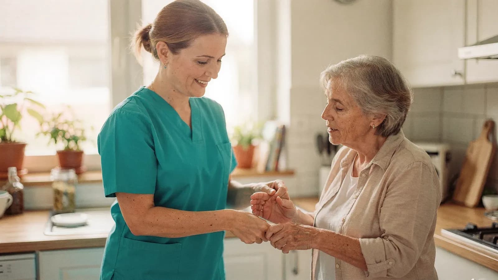 Pflegekraft zeigt einer interessierten Angehoerigen freundlich einen Pflegehandgriff