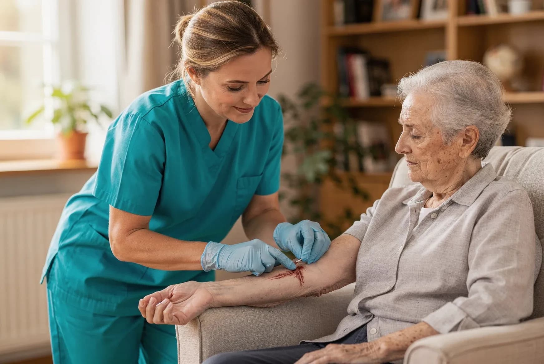 Pflegefachkraft der Hansepflege-Ambulant versorgt eine akute Schürfwunde am Unterarm einer älteren Patientin zuhause
