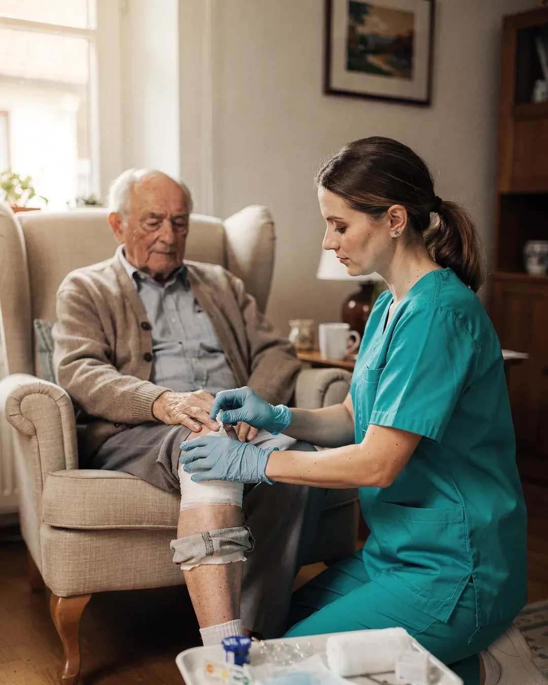 Eine Pflegefachkraft der Hansepflege-Ambulant versorgt bei einem aelteren Patienten zuhause fachgerecht eine Wunde am Bein