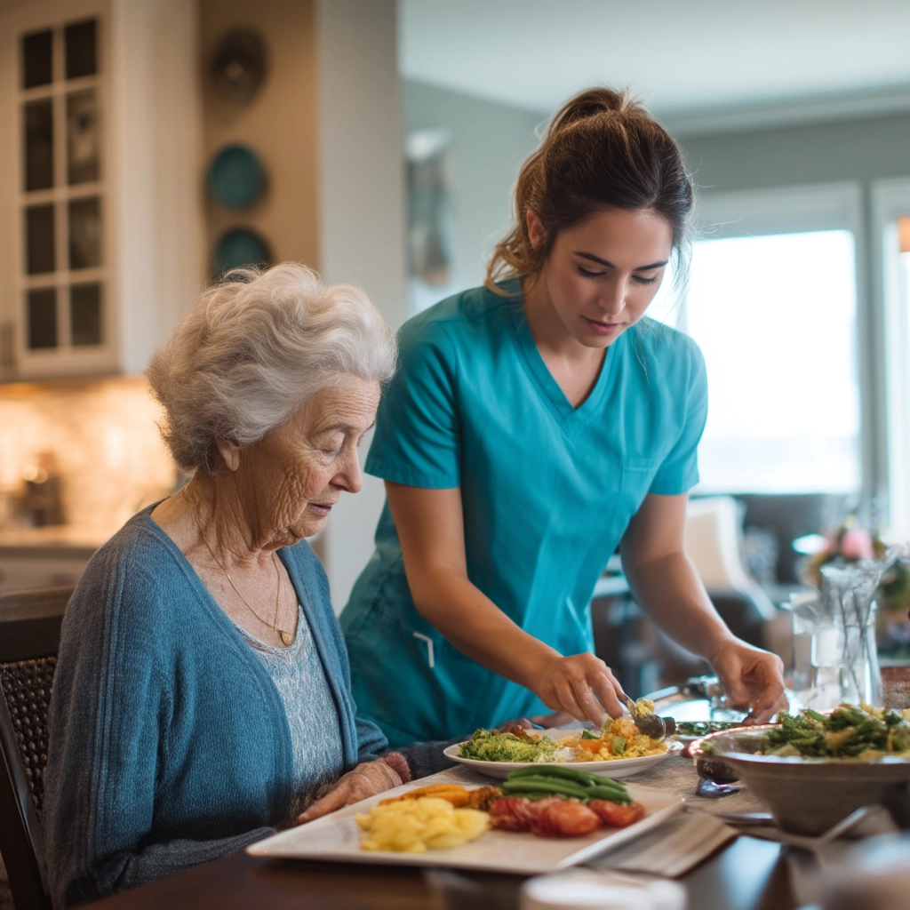 eine Hauswirtschafterin bereitet das Essen für eine Patientin zu