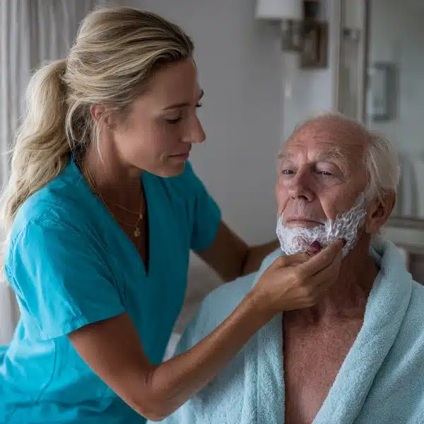 Pflegerin ist einem älteren Herren bei der Rasur behilflich.
