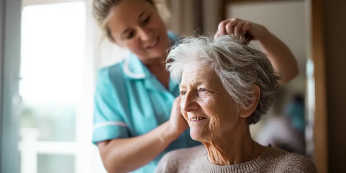 Pflegekraft unterstützt Seniorin bei der morgendlichen Grundpflege zu Hause